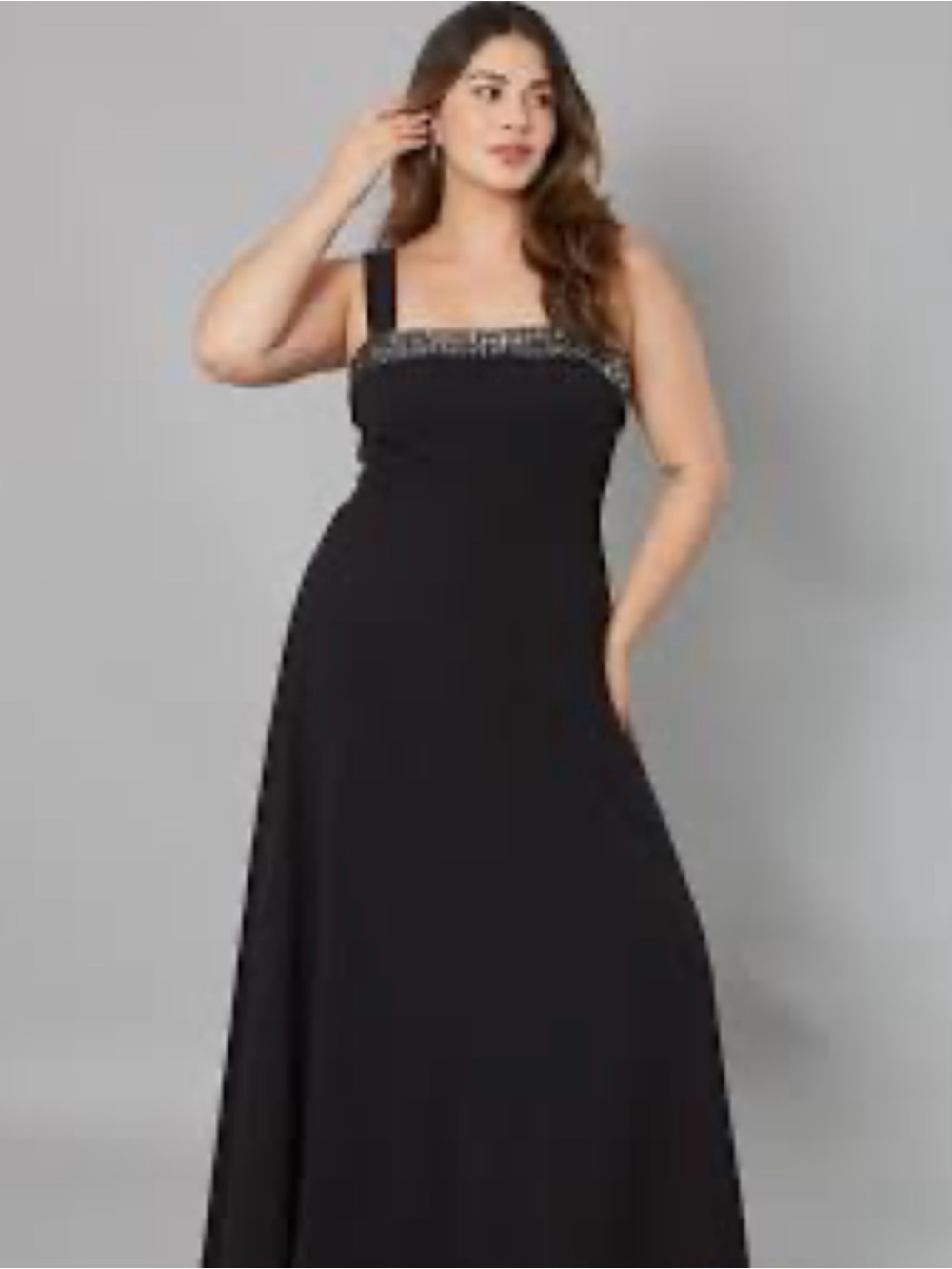 Beaded Trim Black Maxi Dress with Wide Straps